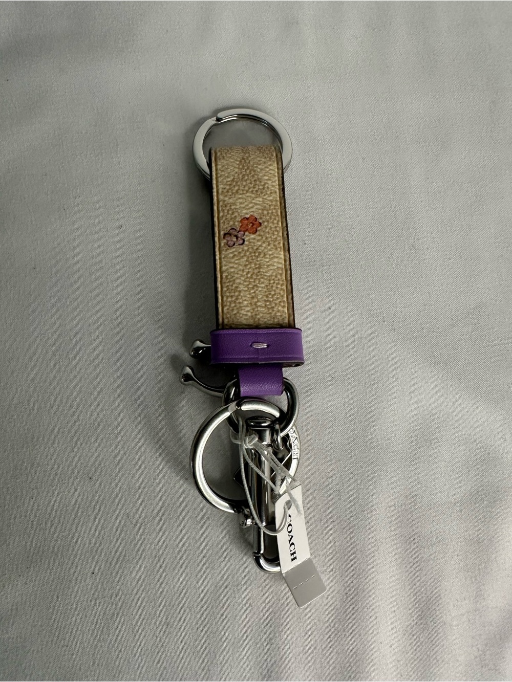 Coach Floral Leather Key Ring with Purple Trim - Picture 3 of 3